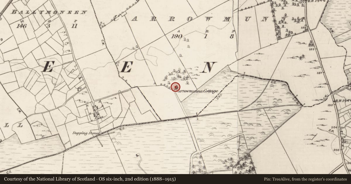 Ordnance Survey six-inch map, 2nd edition (1888–1915) covering the location of House - indeterminate date, Carrowmunna, County Galway, with a pin at the register's coordinates