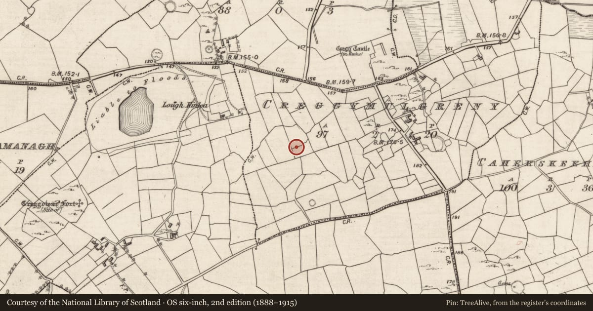 Ordnance Survey six-inch map, 2nd edition (1888–1915) covering the location of Barrow - mound barrow, Creggymulgreny, County Galway, with a pin at the register's coordinates