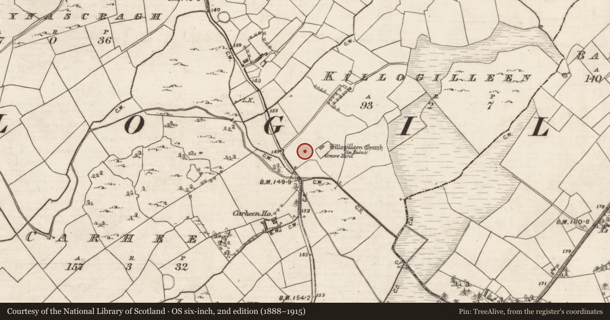 Ordnance Survey six-inch map, 2nd edition (1888–1915) covering the location of Souterrain, Killogilleen, County Galway, with a pin at the register's coordinates
