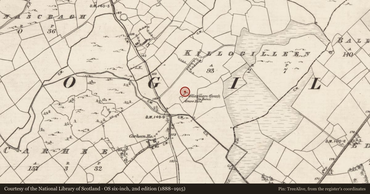Ordnance Survey six-inch map, 2nd edition (1888–1915) covering the location of Field system, Killogilleen, County Galway, with a pin at the register's coordinates
