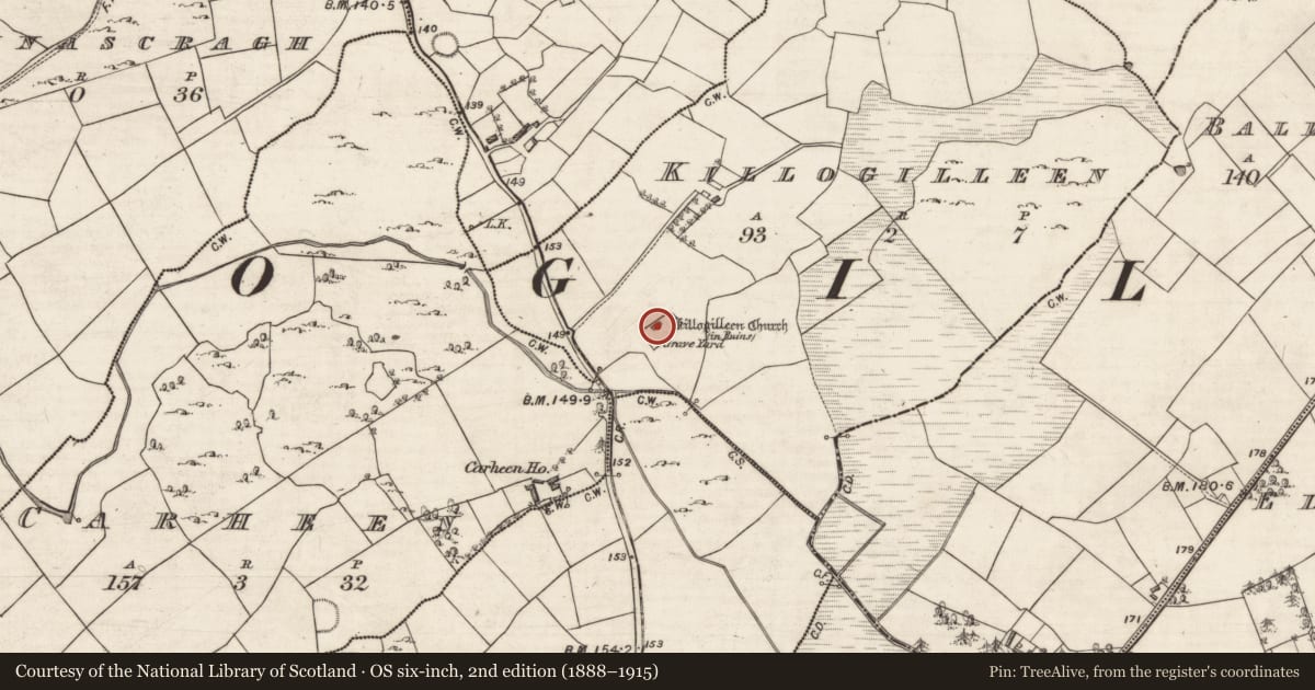 Ordnance Survey six-inch map, 2nd edition (1888–1915) covering the location of Church, Killogilleen, County Galway, with a pin at the register's coordinates