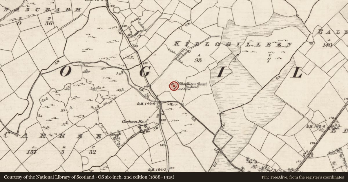 Ordnance Survey six-inch map, 2nd edition (1888–1915) covering the location of Graveyard, Killogilleen, County Galway, with a pin at the register's coordinates