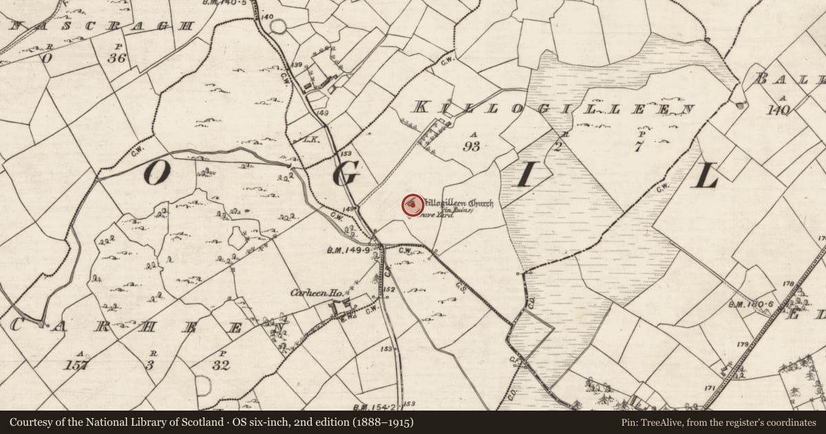 Ordnance Survey six-inch map, 2nd edition (1888–1915) covering the location of Graveslab, Killogilleen, County Galway, with a pin at the register's coordinates