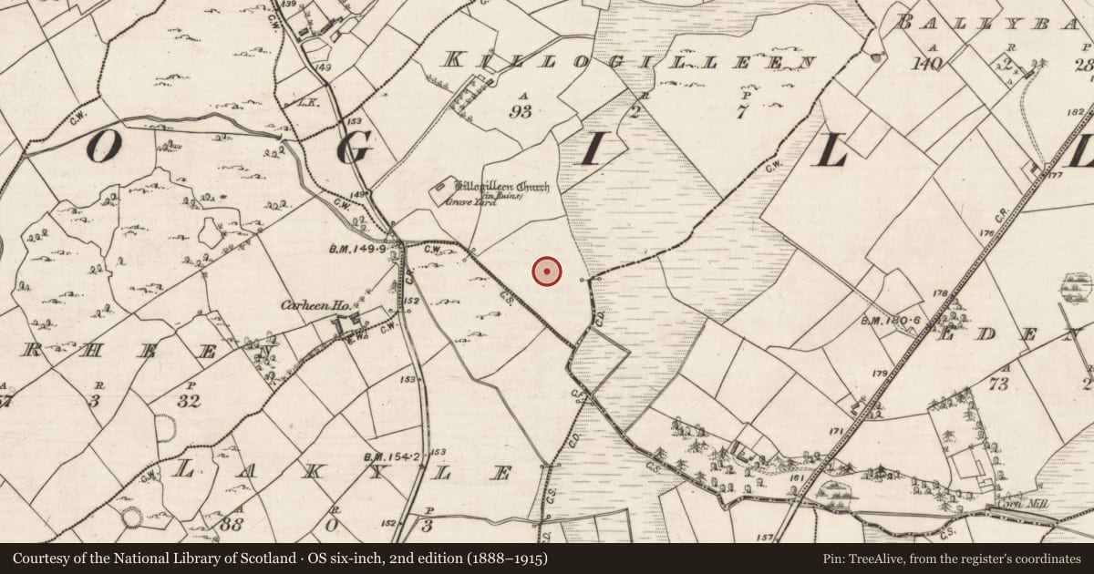 Ordnance Survey six-inch map, 2nd edition (1888–1915) covering the location of Moated site, Killogilleen, County Galway, with a pin at the register's coordinates