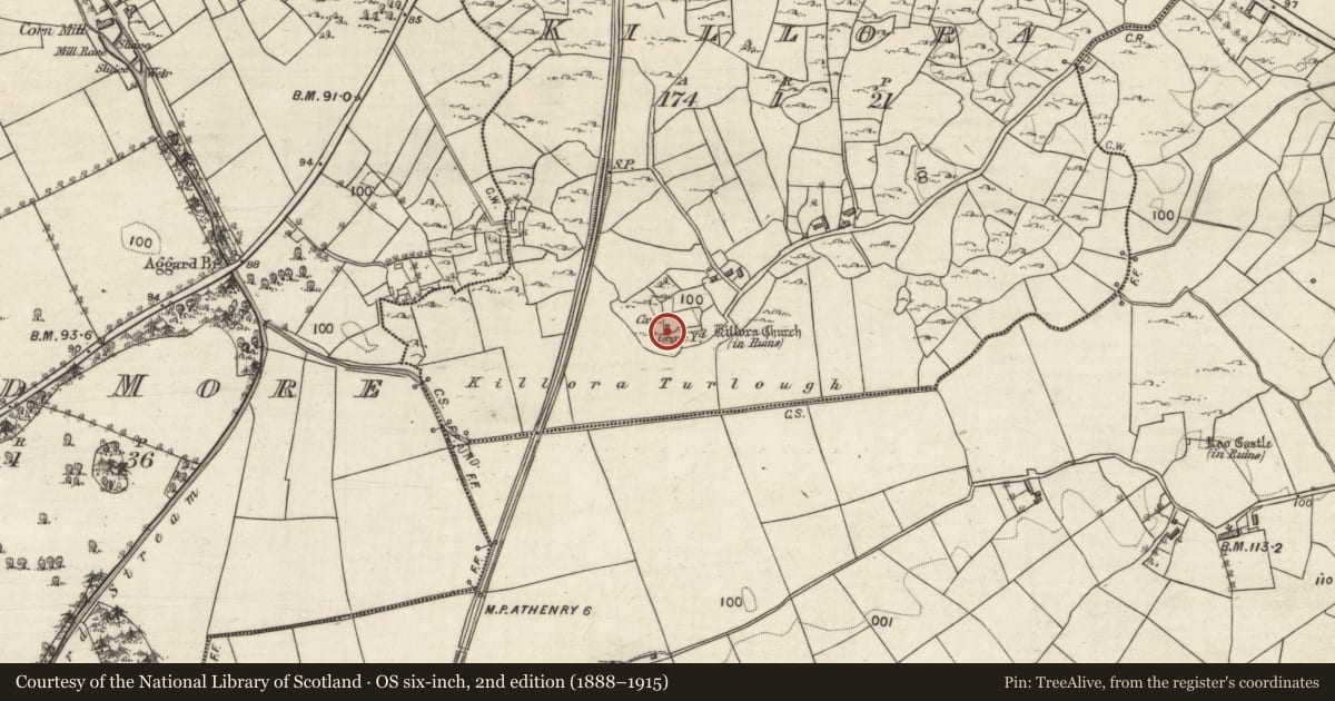 Ordnance Survey six-inch map, 2nd edition (1888–1915) covering the location of Souterrain, Killora, County Galway, with a pin at the register's coordinates