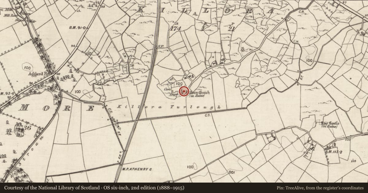 Ordnance Survey six-inch map, 2nd edition (1888–1915) covering the location of Graveyard, Killora, County Galway, with a pin at the register's coordinates