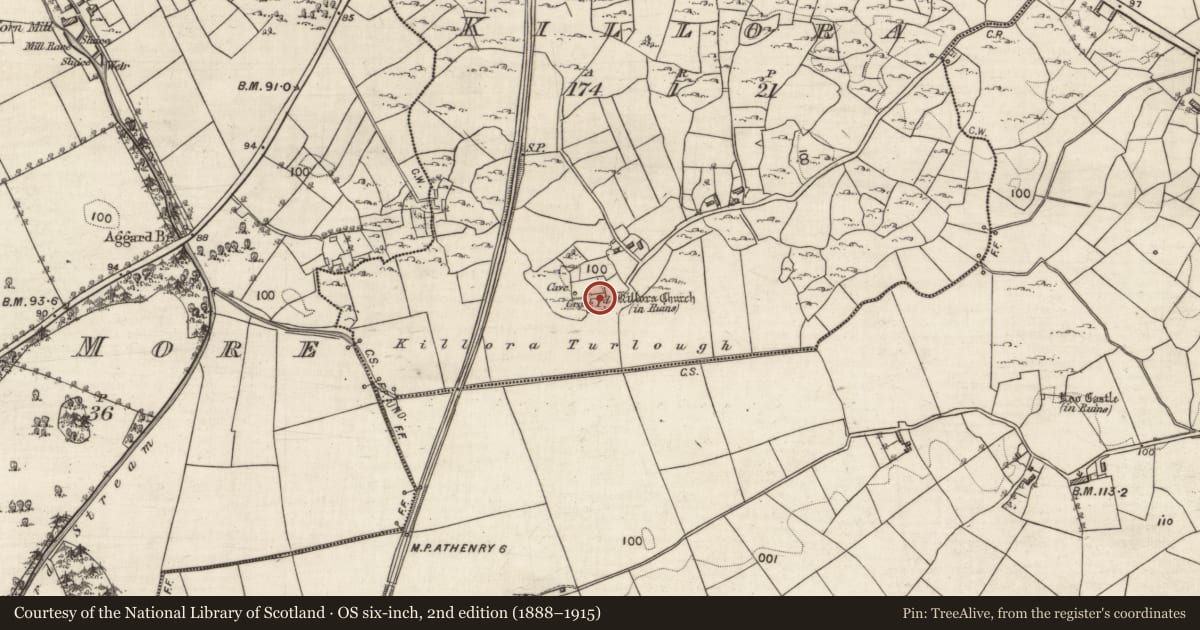 Ordnance Survey six-inch map, 2nd edition (1888–1915) covering the location of Graveslab, Killora, County Galway, with a pin at the register's coordinates