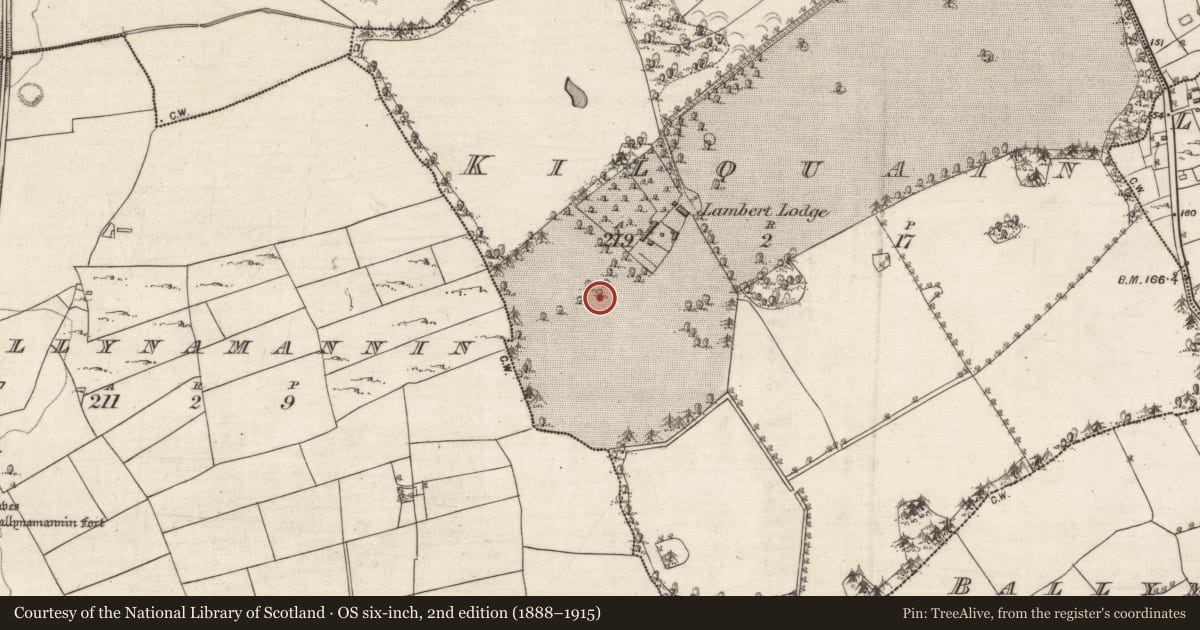 Ordnance Survey six-inch map, 2nd edition (1888–1915) covering the location of Burial mound, Kilquain, County Galway, with a pin at the register's coordinates