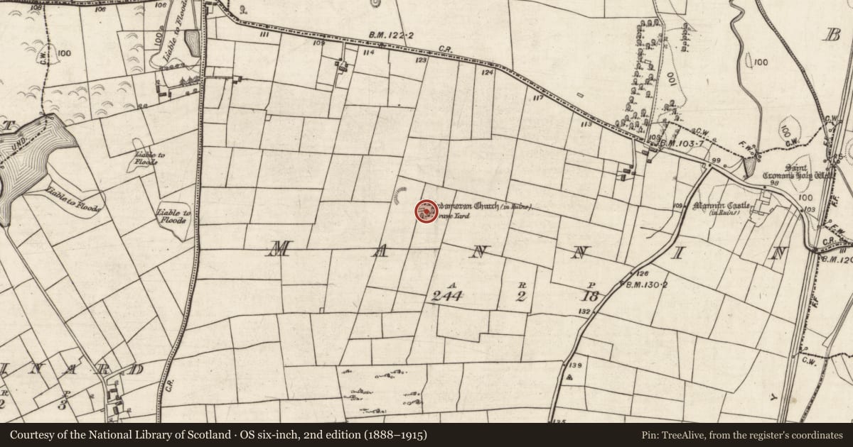 Ordnance Survey six-inch map, 2nd edition (1888–1915) covering the location of Church, Mannin, County Galway, with a pin at the register's coordinates
