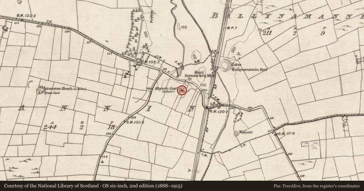 Ordnance Survey six-inch map, 2nd edition (1888–1915) covering the location of Castle - tower house, Mannin, County Galway, with a pin at the register's coordinates