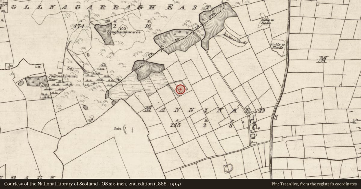Ordnance Survey six-inch map, 2nd edition (1888–1915) covering the location of Enclosure - large enclosure, Manninard, County Galway, with a pin at the register's coordinates