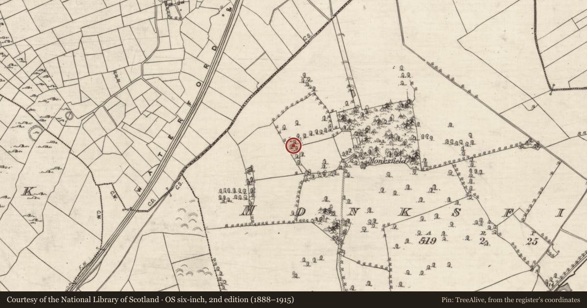 Ordnance Survey six-inch map, 2nd edition (1888–1915) covering the location of Ringfort - rath, Monksfield, County Galway, with a pin at the register's coordinates