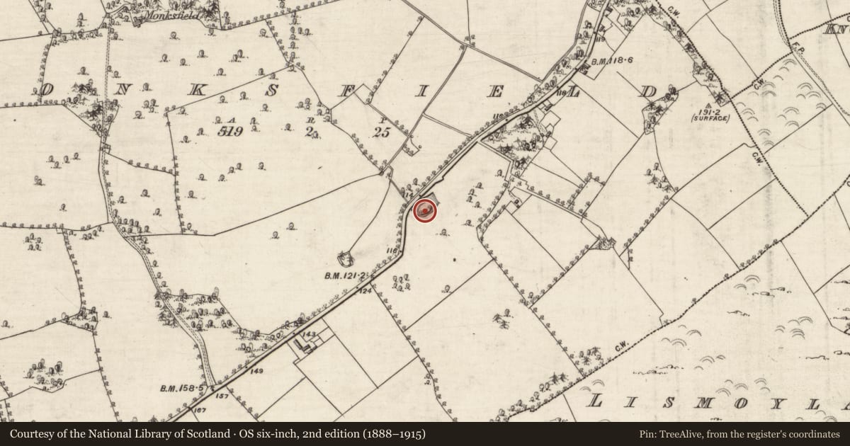 Ordnance Survey six-inch map, 2nd edition (1888–1915) covering the location of Designed landscape feature, Monksfield, County Galway, with a pin at the register's coordinates