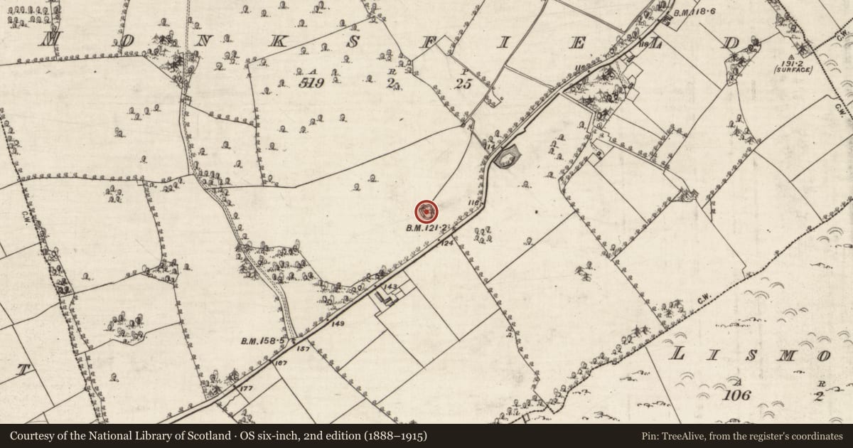 Ordnance Survey six-inch map, 2nd edition (1888–1915) covering the location of Enclosure, Monksfield, County Galway, with a pin at the register's coordinates