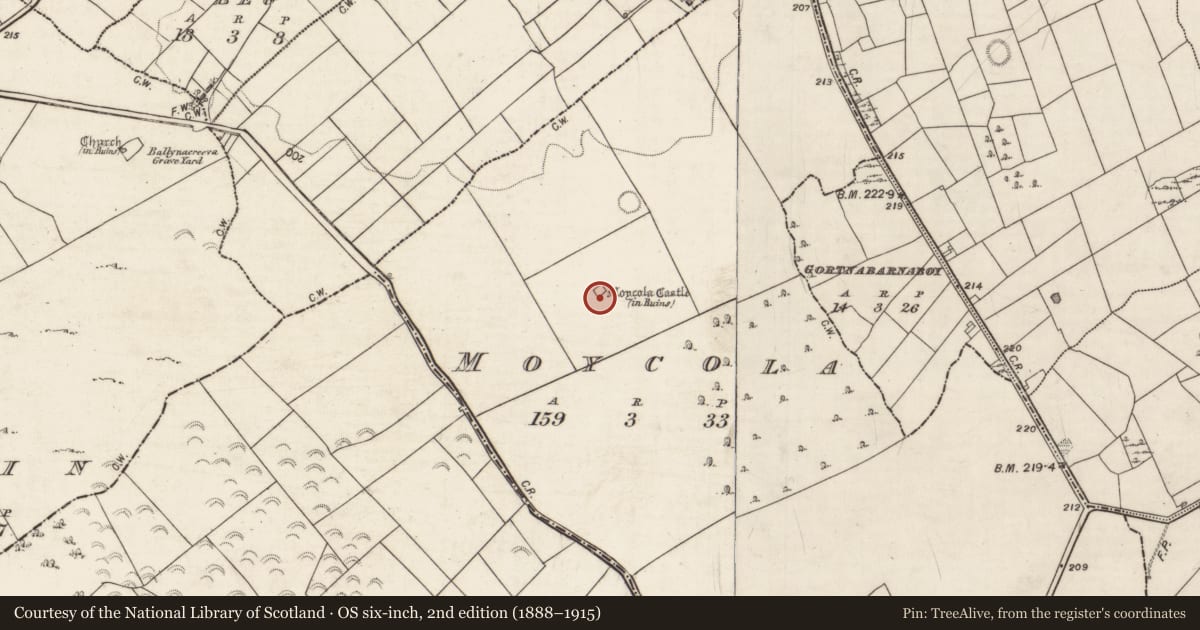 Ordnance Survey six-inch map, 2nd edition (1888–1915) covering the location of Castle - tower house, Moycola, County Galway, with a pin at the register's coordinates