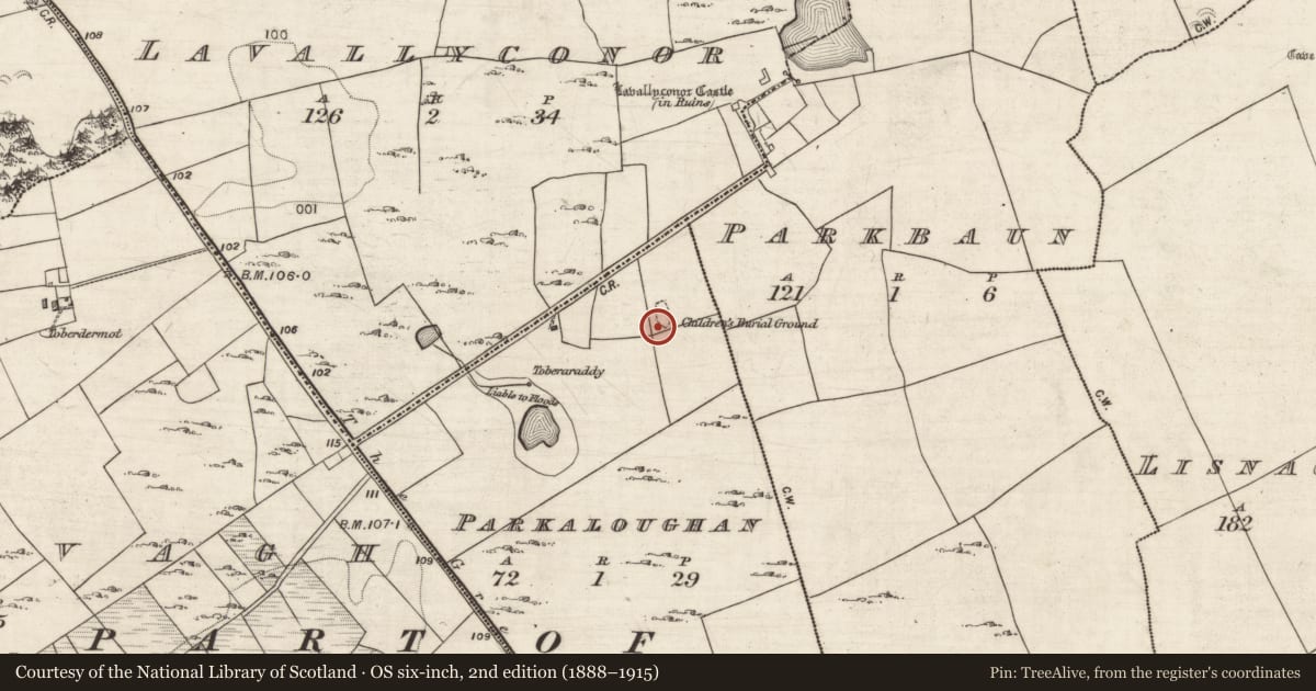 Ordnance Survey six-inch map, 2nd edition (1888–1915) covering the location of Ringfort - rath, Parkaloughan, County Galway, with a pin at the register's coordinates