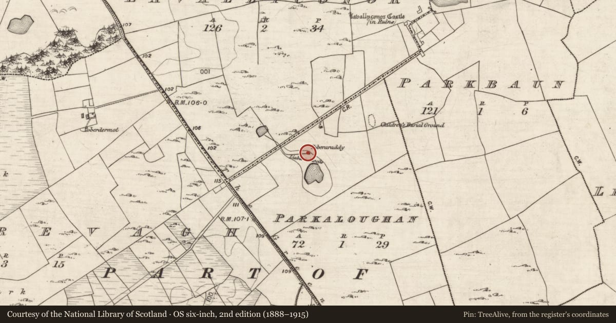 Ordnance Survey six-inch map, 2nd edition (1888–1915) covering the location of Well, Parkaloughan, County Galway, with a pin at the register's coordinates