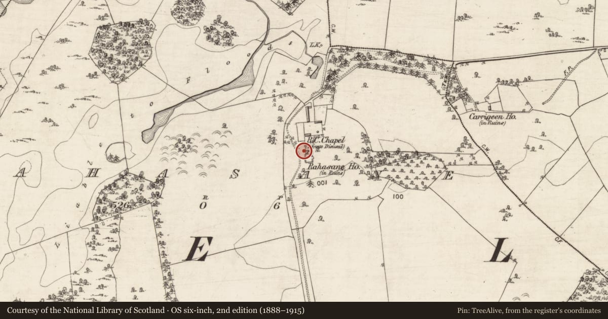 Ordnance Survey six-inch map, 2nd edition (1888–1915) covering the location of Chapel, Rahasane, County Galway, with a pin at the register's coordinates
