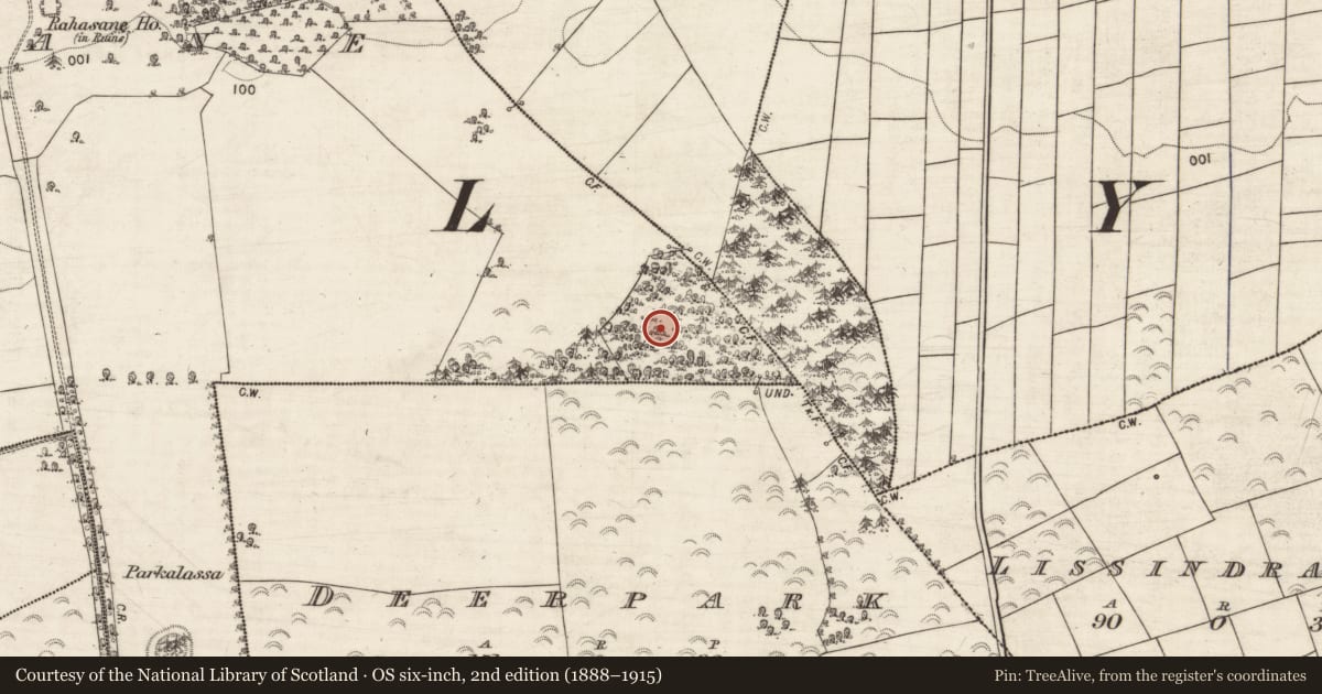 Ordnance Survey six-inch map, 2nd edition (1888–1915) covering the location of Barrow - ring-barrow, Rahasane, County Galway, with a pin at the register's coordinates