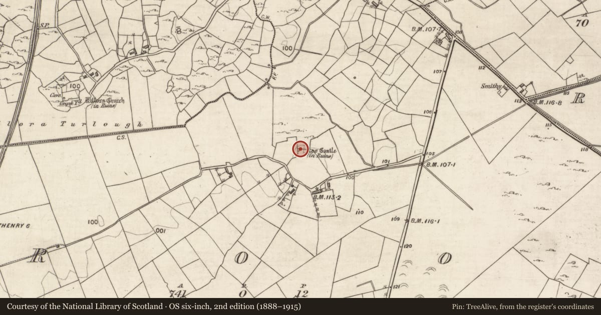 Ordnance Survey six-inch map, 2nd edition (1888–1915) covering the location of Earthwork, Roo, County Galway, with a pin at the register's coordinates