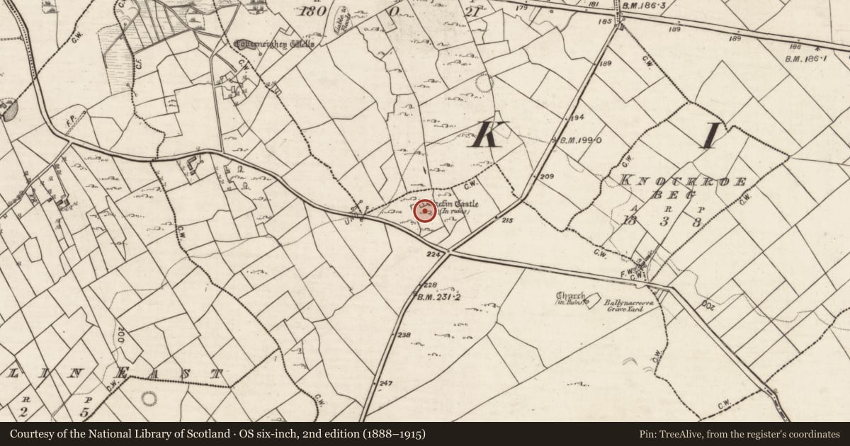 Ordnance Survey six-inch map, 2nd edition (1888–1915) covering the location of Castle - tower house, Seefin, County Galway, with a pin at the register's coordinates