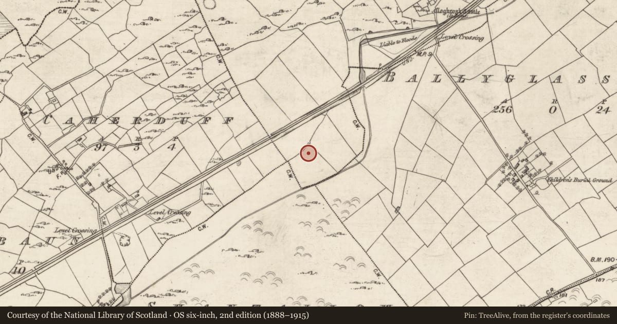 Ordnance Survey six-inch map, 2nd edition (1888–1915) covering the location of Barrow - ring-barrow, Cloghroak, County Galway, with a pin at the register's coordinates