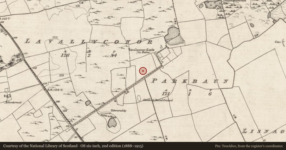 Ordnance Survey six-inch map, 2nd edition (1888–1915) covering the location of Ringfort - cashel, Lavallyconor, County Galway, with a pin at the register's coordinates
