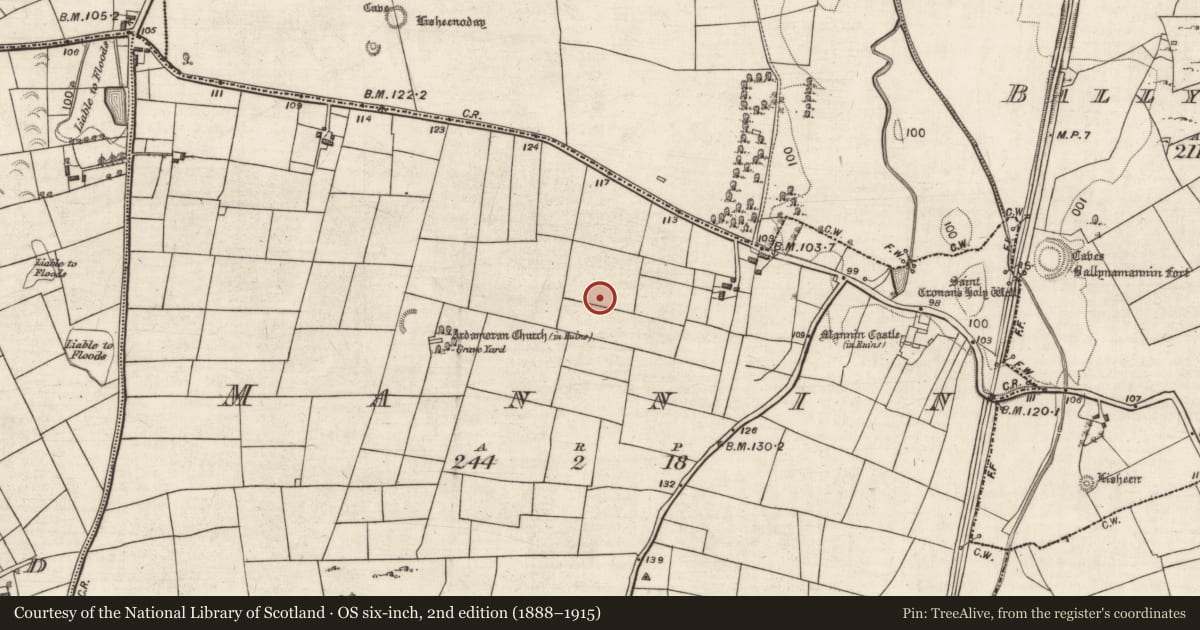 Ordnance Survey six-inch map, 2nd edition (1888–1915) covering the location of Ring-ditch, Mannin, County Galway, with a pin at the register's coordinates