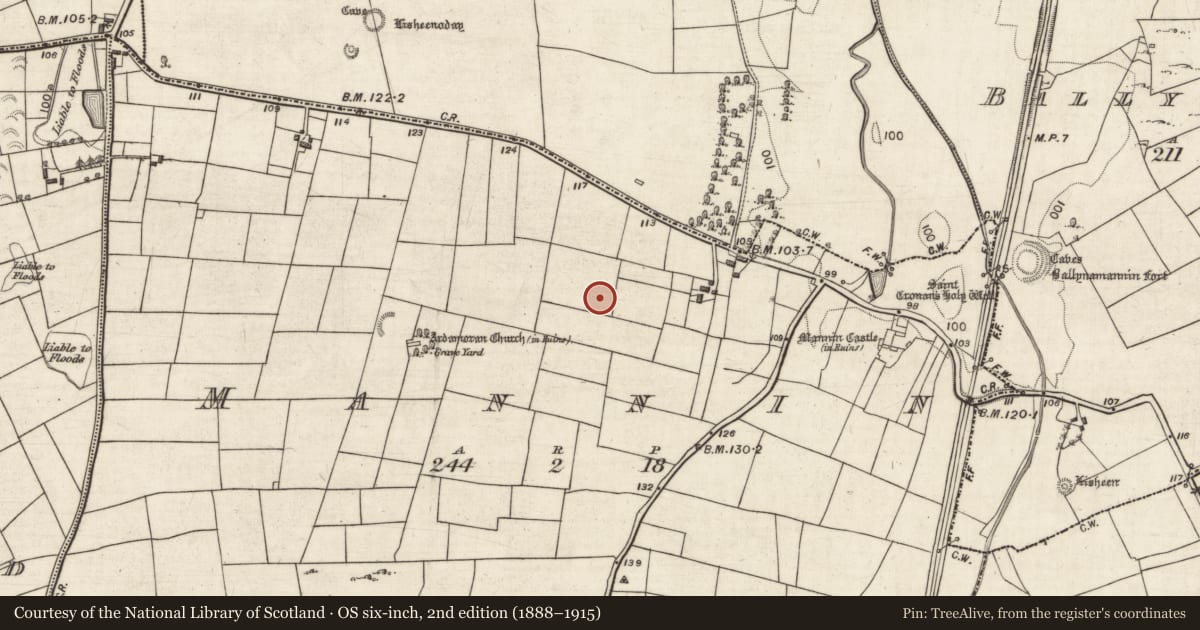 Ordnance Survey six-inch map, 2nd edition (1888–1915) covering the location of Ring-ditch, Mannin, County Galway, with a pin at the register's coordinates