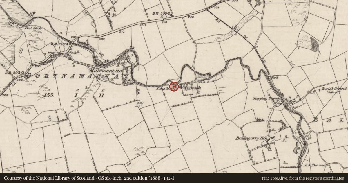Ordnance Survey six-inch map, 2nd edition (1888–1915) covering the location of Ritual site - holy well, Ballingarry, County Galway, with a pin at the register's coordinates