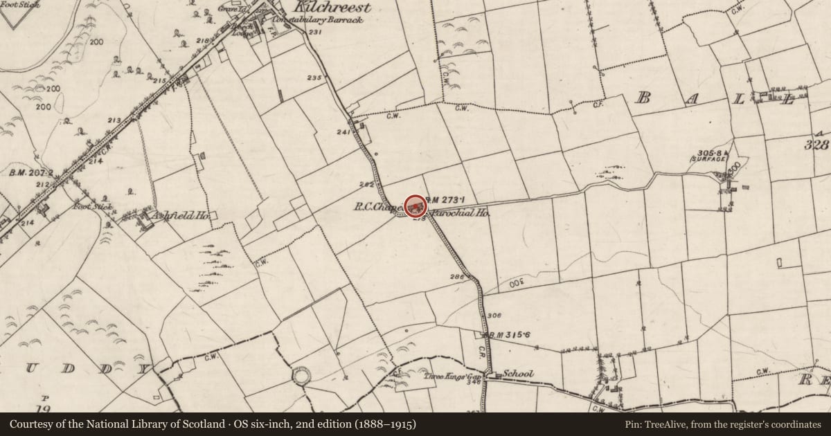 Ordnance Survey six-inch map, 2nd edition (1888–1915) covering the location of Church, Ballingarry, County Galway, with a pin at the register's coordinates