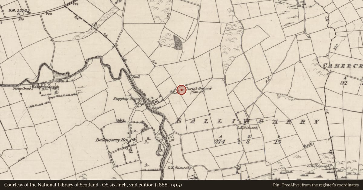 Ordnance Survey six-inch map, 2nd edition (1888–1915) covering the location of Ritual site - holy tree/bush, Ballingarry, County Galway, with a pin at the register's coordinates