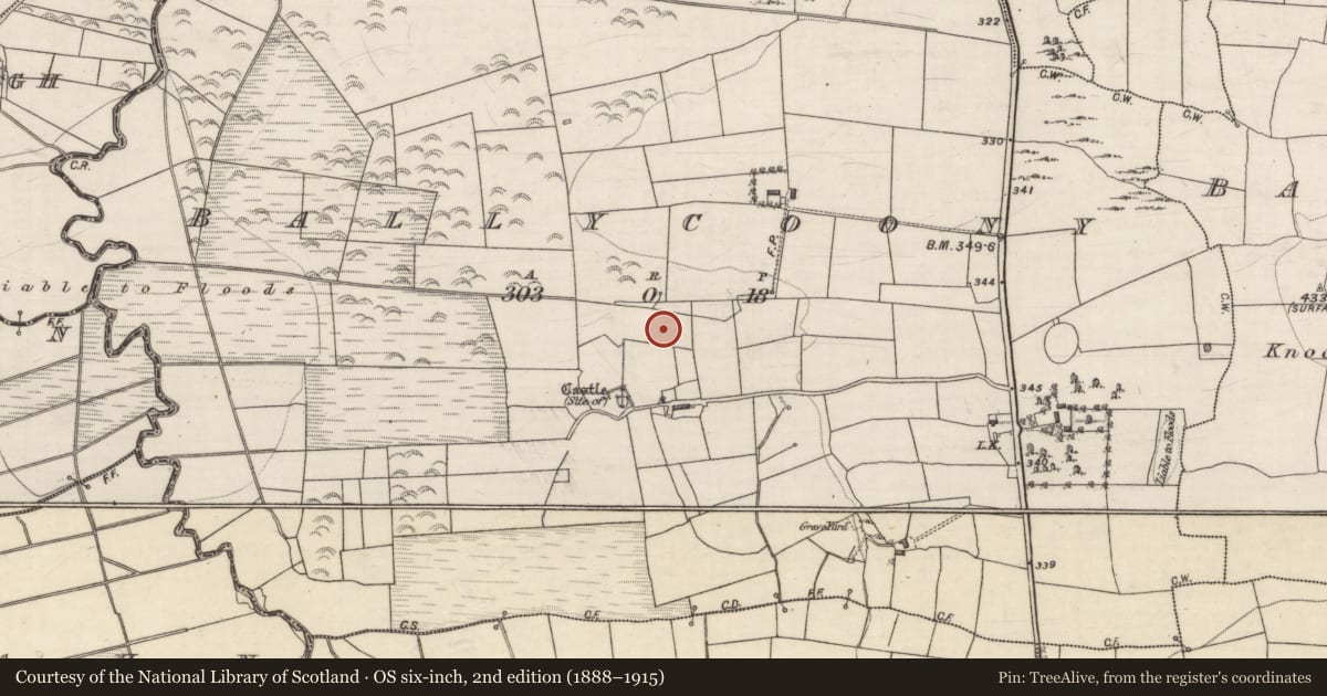 Ordnance Survey six-inch map, 2nd edition (1888–1915) covering the location of Burnt mound, Ballycoony, County Galway, with a pin at the register's coordinates