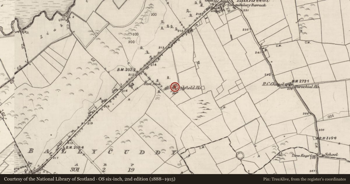 Ordnance Survey six-inch map, 2nd edition (1888–1915) covering the location of Country house, Ballycuddy, County Galway, with a pin at the register's coordinates