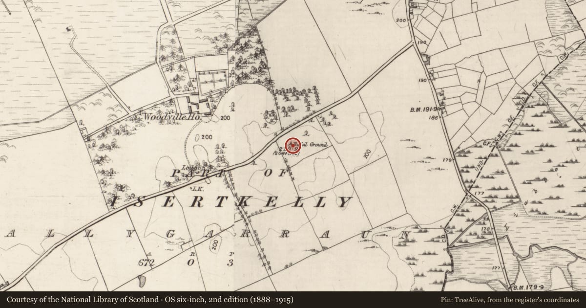 Ordnance Survey six-inch map, 2nd edition (1888–1915) covering the location of Children's burial ground, Ballygarraun, County Galway, with a pin at the register's coordinates
