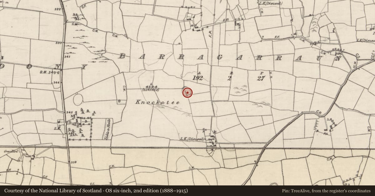 Ordnance Survey six-inch map, 2nd edition (1888–1915) covering the location of Ringfort - rath, Barragarraun, County Galway, with a pin at the register's coordinates