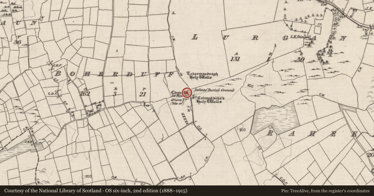 Ordnance Survey six-inch map, 2nd edition (1888–1915) covering the location of Church, Boherduff, County Galway, with a pin at the register's coordinates