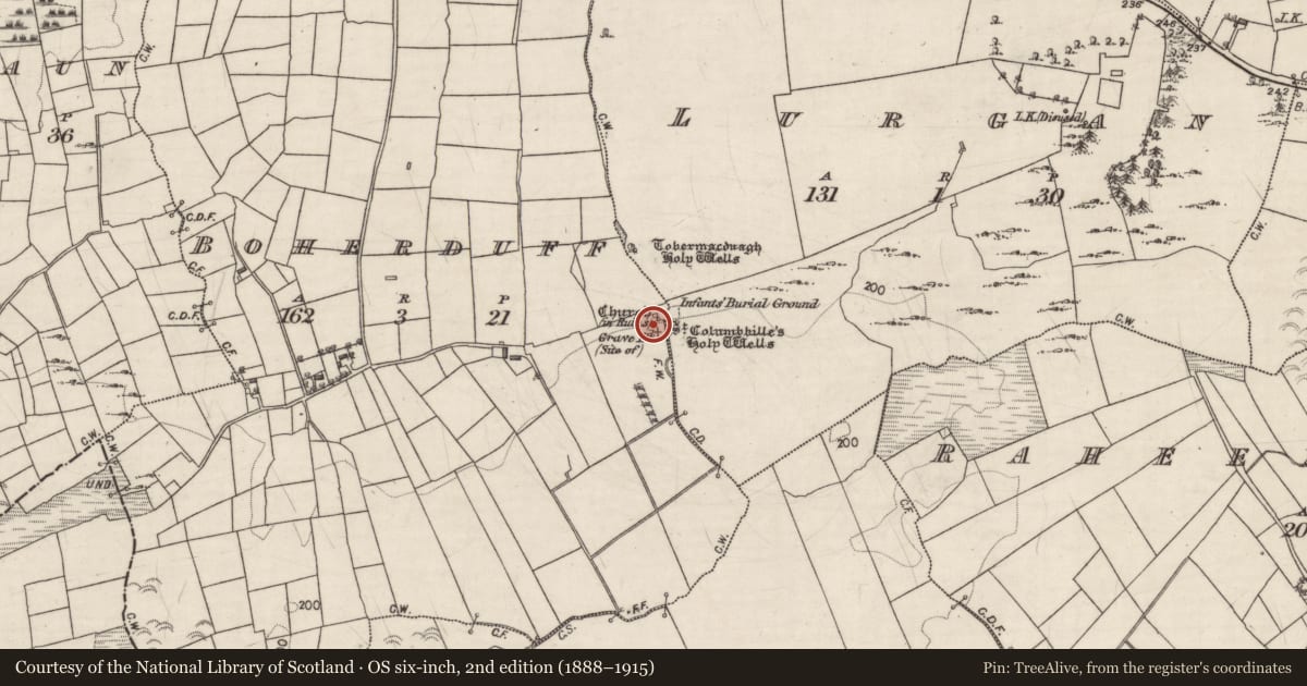 Ordnance Survey six-inch map, 2nd edition (1888–1915) covering the location of Graveyard, Boherduff, County Galway, with a pin at the register's coordinates
