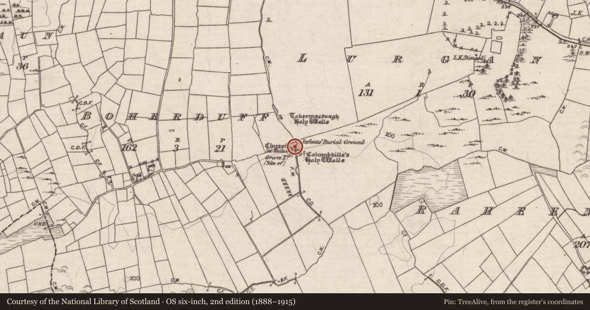 Ordnance Survey six-inch map, 2nd edition (1888–1915) covering the location of Ritual site - holy well, Boherduff, County Galway, with a pin at the register's coordinates