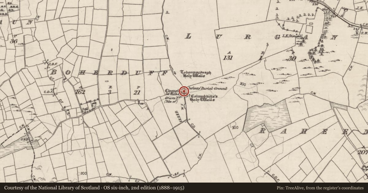 Ordnance Survey six-inch map, 2nd edition (1888–1915) covering the location of Ritual site - holy well, Boherduff, County Galway, with a pin at the register's coordinates