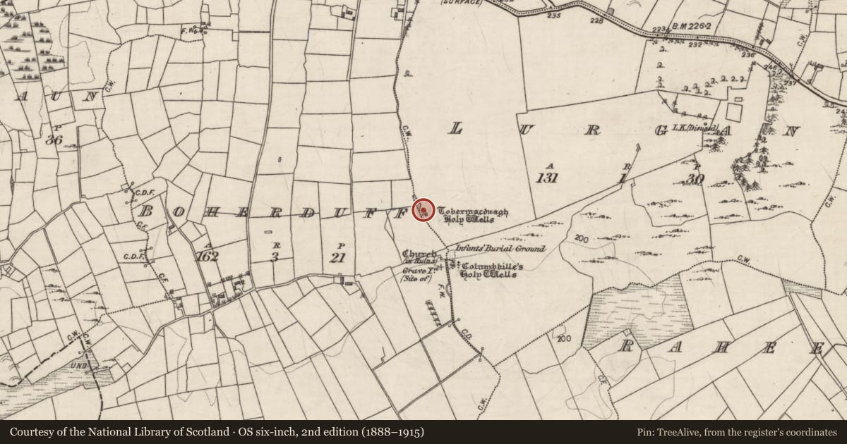 Ordnance Survey six-inch map, 2nd edition (1888–1915) covering the location of Ritual site - holy well, Lurgan, County Galway, with a pin at the register's coordinates