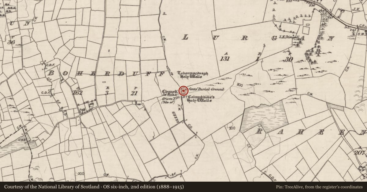 Ordnance Survey six-inch map, 2nd edition (1888–1915) covering the location of Children's burial ground, Lurgan, County Galway, with a pin at the register's coordinates