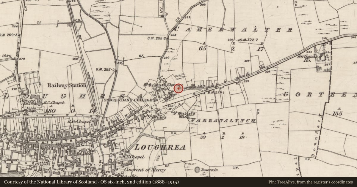 Ordnance Survey six-inch map, 2nd edition (1888–1915) covering the location of Ecclesiastical enclosure, County Galway, with a pin at the register's coordinates
