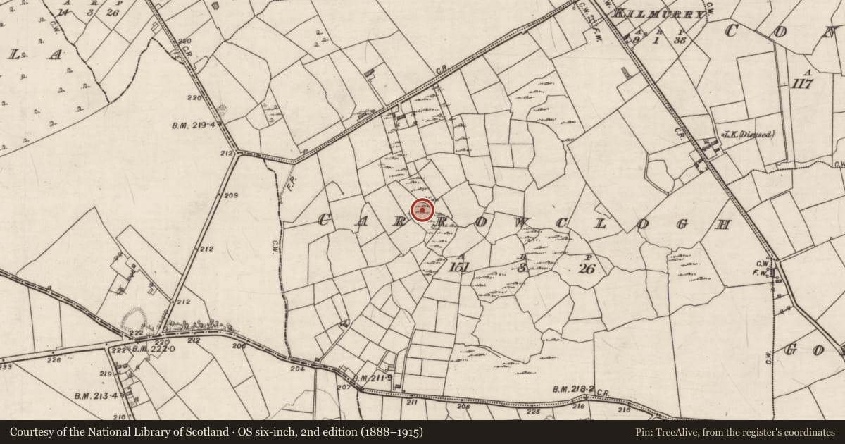 Ordnance Survey six-inch map, 2nd edition (1888–1915) covering the location of Souterrain, Carrowclogh, County Galway, with a pin at the register's coordinates