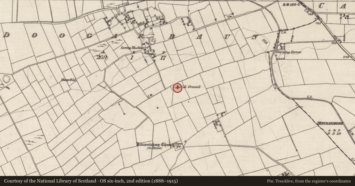 Ordnance Survey six-inch map, 2nd edition (1888–1915) covering the location of Children's burial ground, Carrowmore (Kilconickny ED ), County Galway, with a pin at the register's coordinates