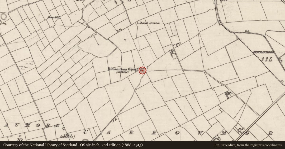 Ordnance Survey six-inch map, 2nd edition (1888–1915) covering the location of Graveyard, Carrowmore (Kilconickny ED ), County Galway, with a pin at the register's coordinates