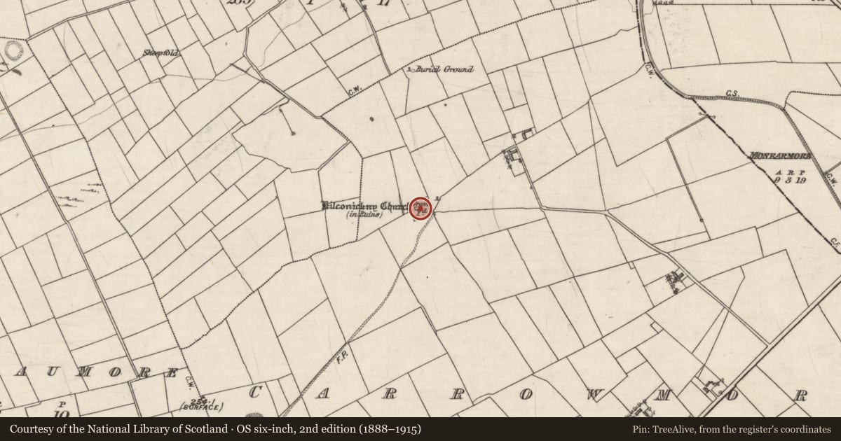 Ordnance Survey six-inch map, 2nd edition (1888–1915) covering the location of Church, Carrowmore (Kilconickny ED ), County Galway, with a pin at the register's coordinates