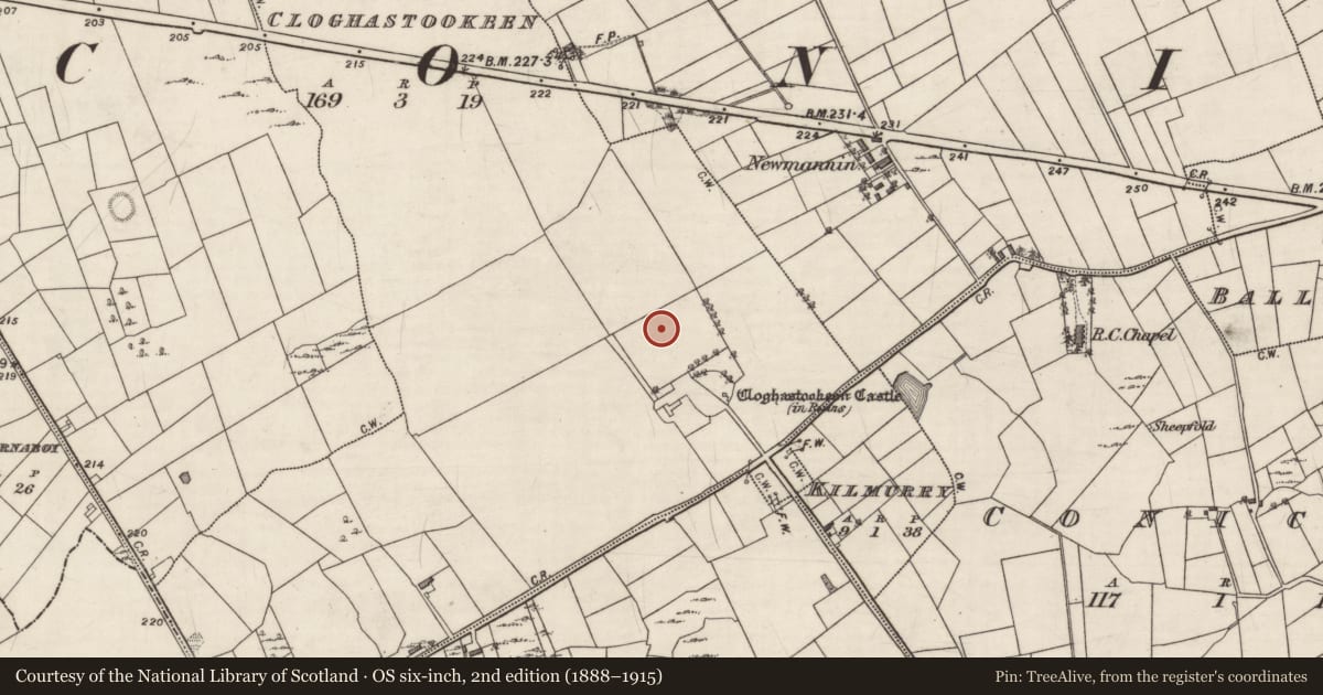 Ordnance Survey six-inch map, 2nd edition (1888–1915) covering the location of Souterrain, Cloghastookeen, County Galway, with a pin at the register's coordinates
