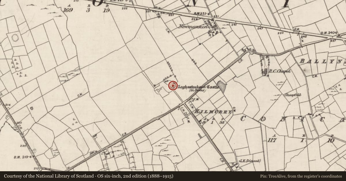 Ordnance Survey six-inch map, 2nd edition (1888–1915) covering the location of Castle - unclassified, Cloghastookeen, County Galway, with a pin at the register's coordinates