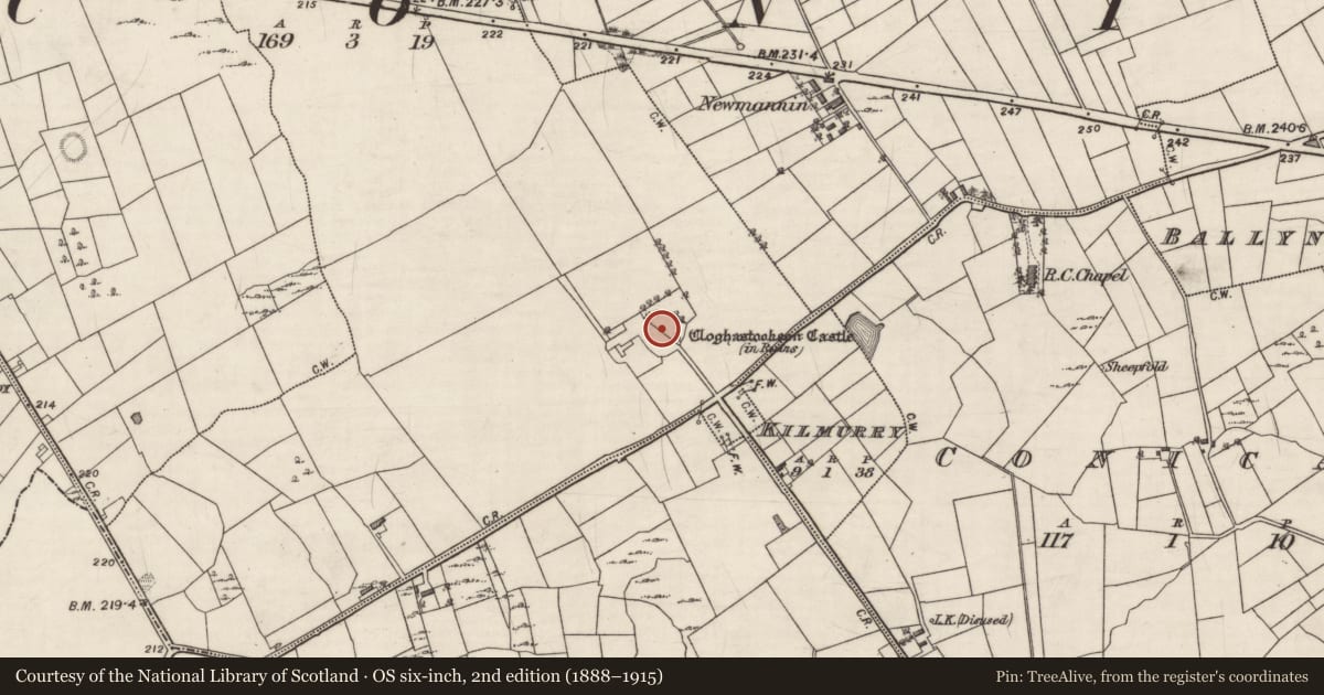 Ordnance Survey six-inch map, 2nd edition (1888–1915) covering the location of Enclosure, Cloghastookeen, County Galway, with a pin at the register's coordinates